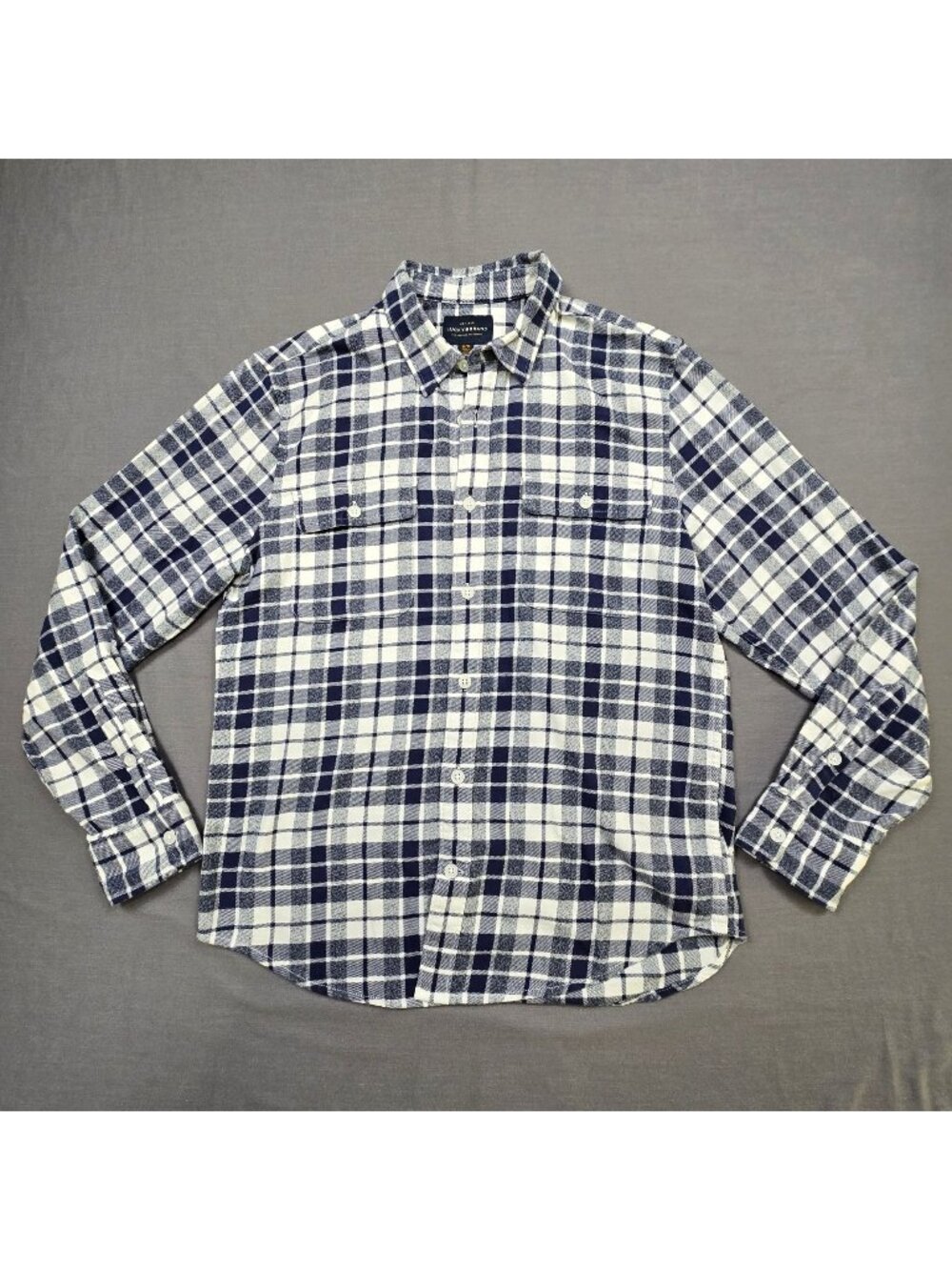 Lucky Brand Medium Mens Plaid Flannel Button-Up Shirt Navy & White Cotton Blend